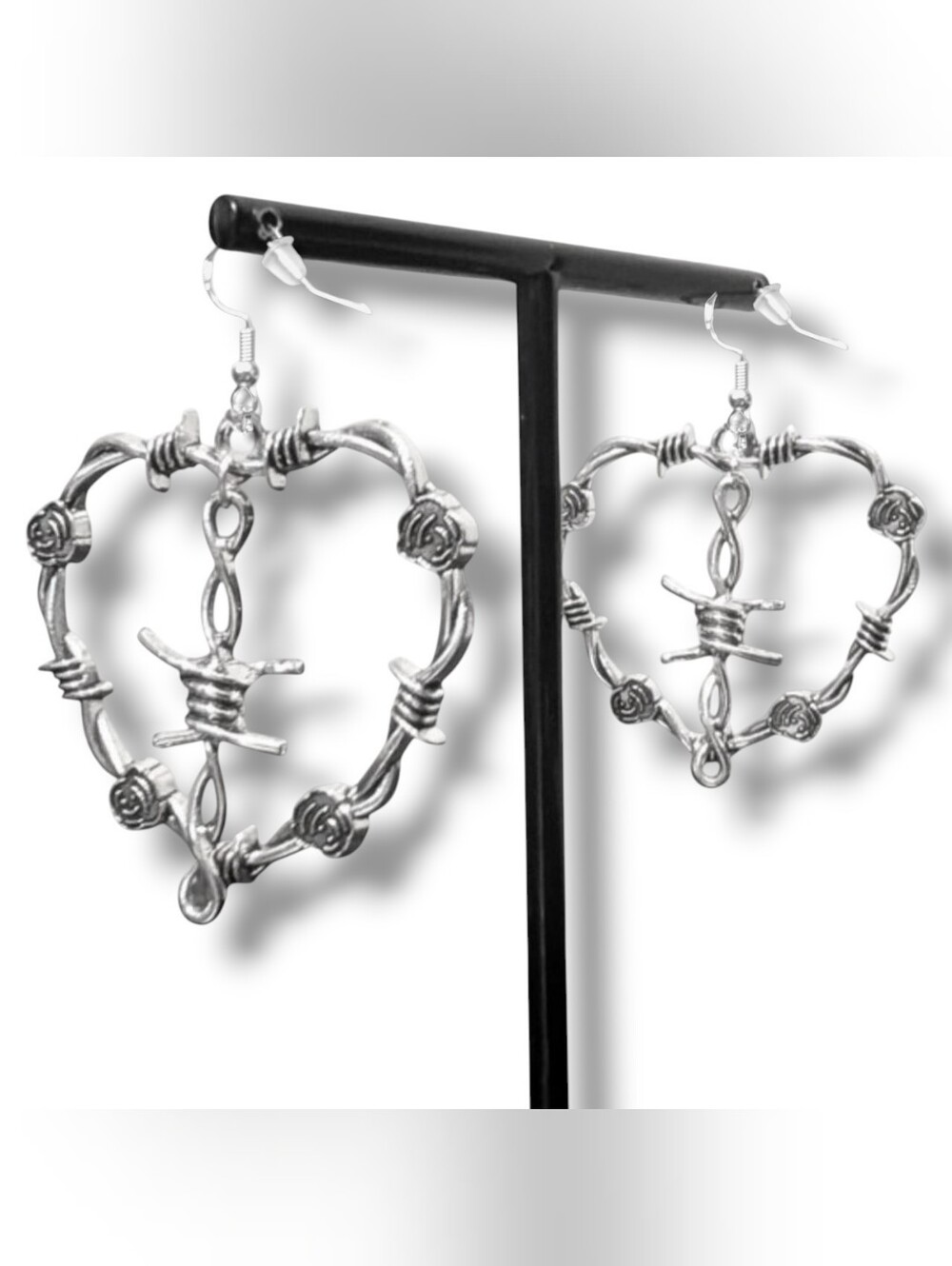 NWT Handmade Silver Barbed Wire Heart Layered Dangly Earrings